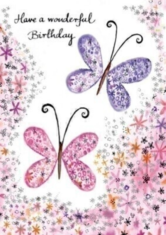 This Birthday greetings card from Paper Rose shows one pink and one purple butterfly on a background of flowers with Have a Wonderful Birthday written on the front. The card is perfect to send to someone celebrating a birthday and it has Happy Birthday written on the inside. Comes complete with a pink envelope.